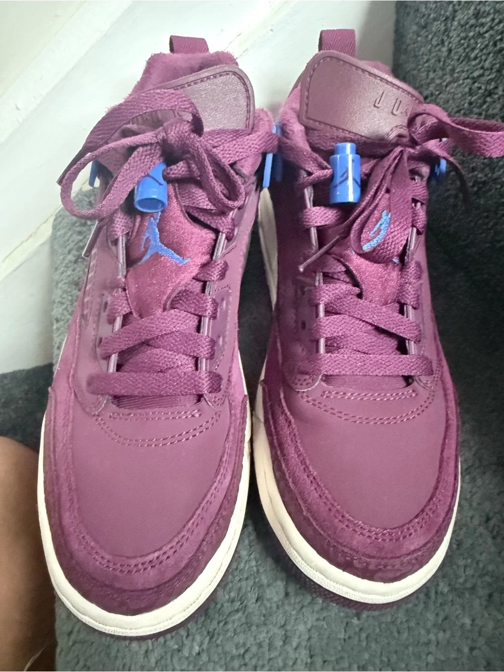 Jordan Kids Burgundy High-Top Sneakers with Blue Accent
